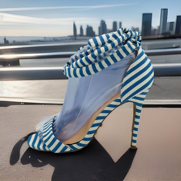 Liliana Heels Womens Size 6.5 Blue White Striped Strappy Stiletto High Shoes - Picture 3 of 12